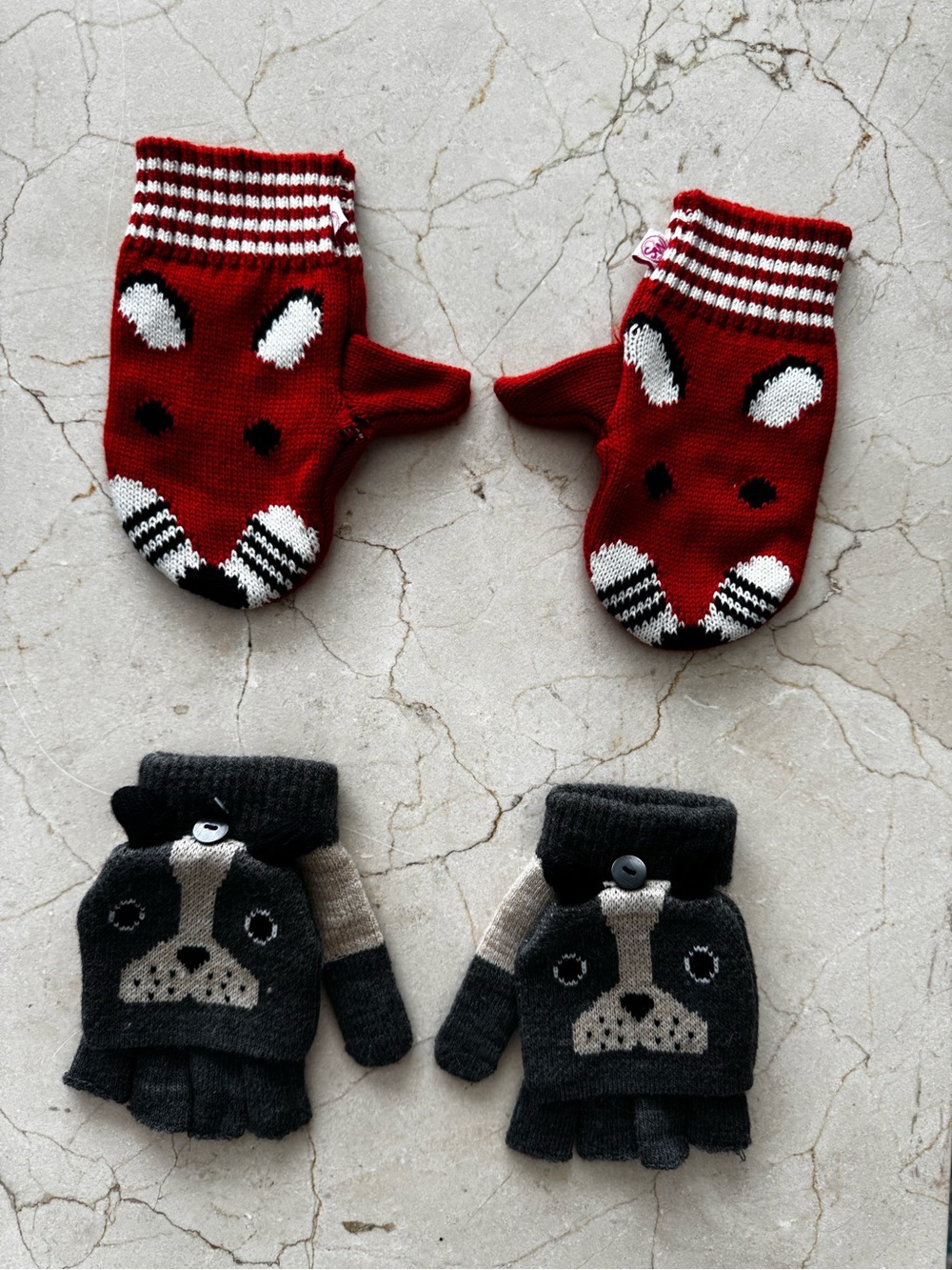 NWOT Kids Red Fox Knit Mittens and Gray Puppy Convertible Gloves Set 4 - 6 years